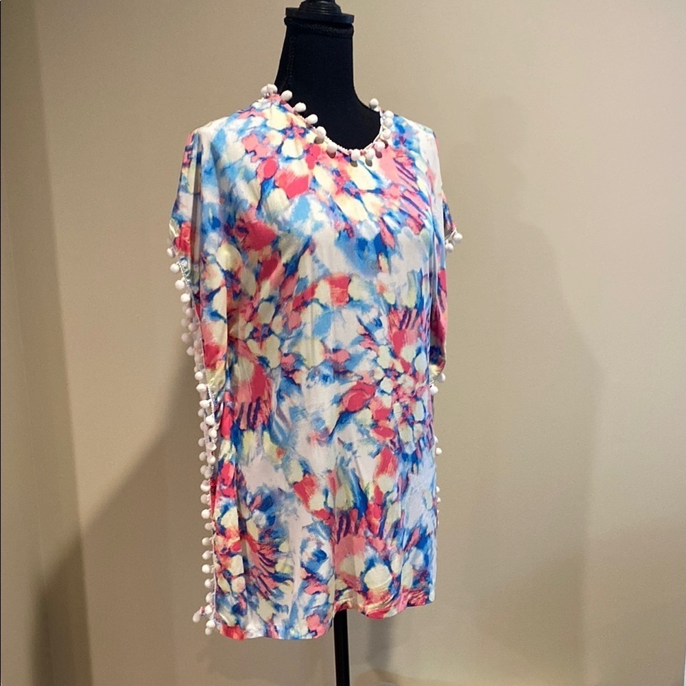 Betsey Johnson Swim Coverup | Blue Pink Abstract | Pom Pom Trim | 10